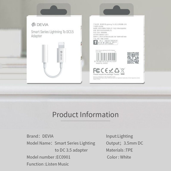 Adapter Smart 3,5mm Jack / Lightning, biały, Devia