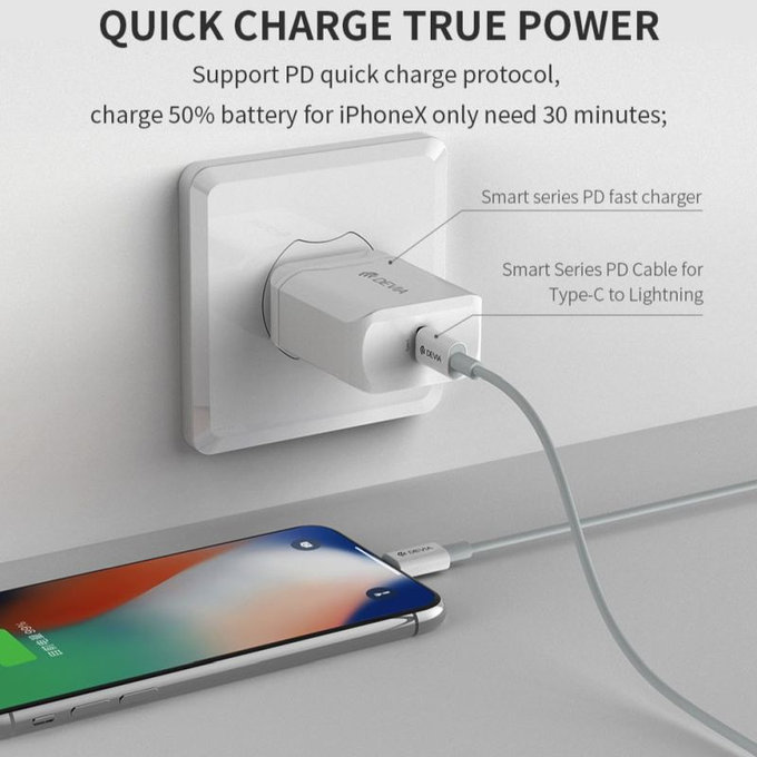 Kabel Lightning / USB-C Smart, PD 20W, 1m, biały, Devia
