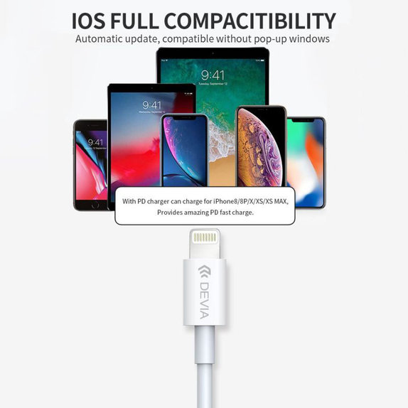Kabel Lightning / USB-C Smart, PD 20W, 1m, biały, Devia