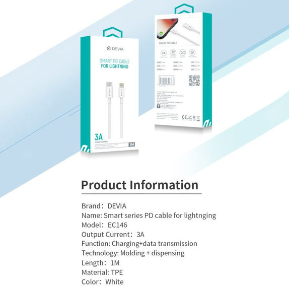 Kabel Lightning / USB-C Smart, PD 20W, 1m, biały, Devia