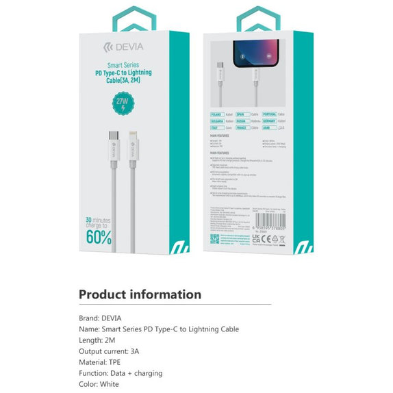 Kabel Lightning / USB-C Smart, PD 27W, 2m, biały, Devia