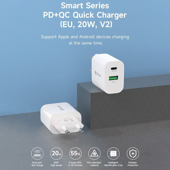 Ładowarka Smart USB-C + USB-A, PD 20W, biała, Devia