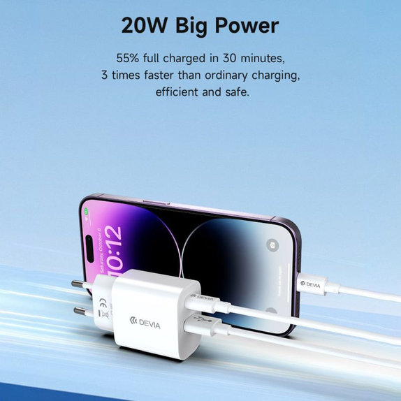 Ładowarka Smart USB-C + USB-A, PD 20W, biała, Devia