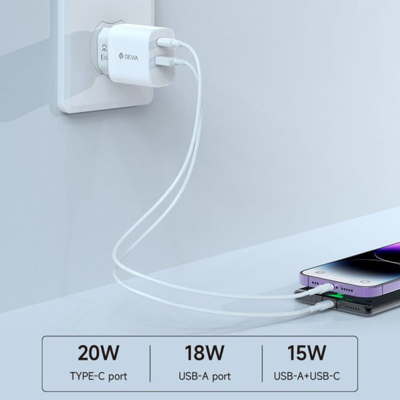 Ładowarka Smart USB-C + USB-A, PD 20W, biała, Devia
