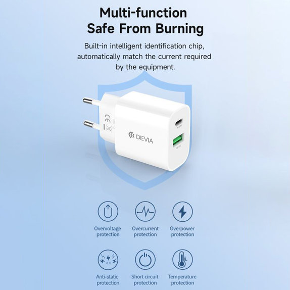 Ładowarka Smart USB-C + USB-A, PD 20W, biała, Devia