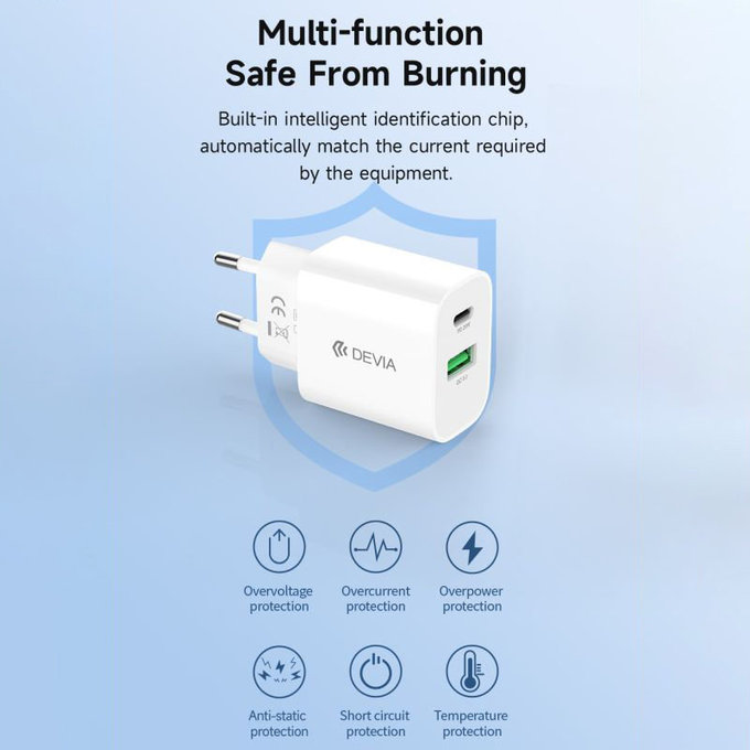 Ładowarka Smart USB-C + USB-A, PD 20W, biała, Devia