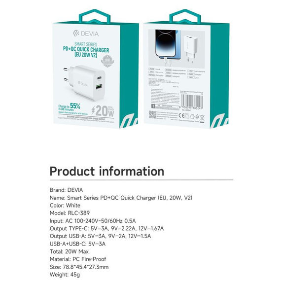 Ładowarka Smart USB-C + USB-A, PD 20W, biała, Devia