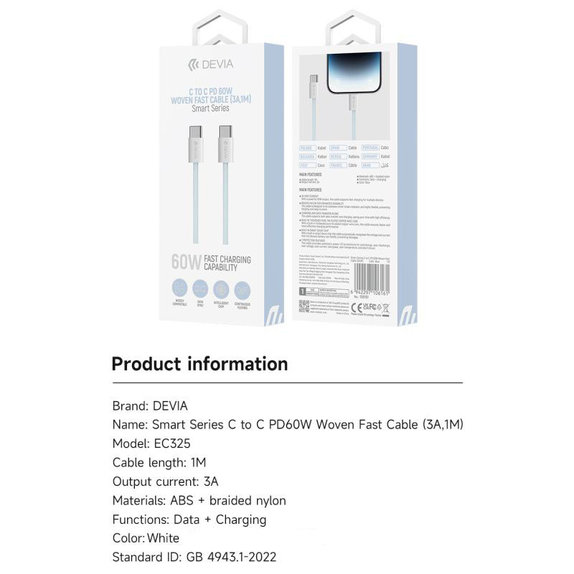 Kabel USB-C / USB-C Smart, PD 60W, 1m, biały, Devia