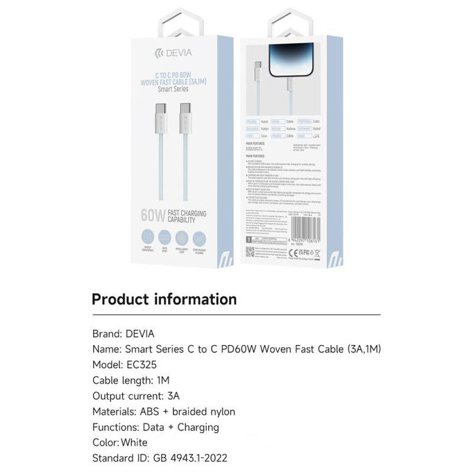 Kabel USB-C / USB-C Smart, PD 60W, 1m, biały, Devia
