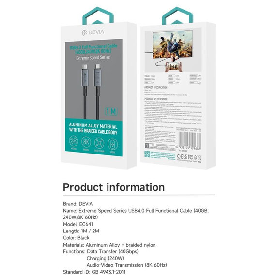 Kabel USB-C / USB-C Extreme Speed, 240W, 8K 60Hz, 1m, czarny, Devia