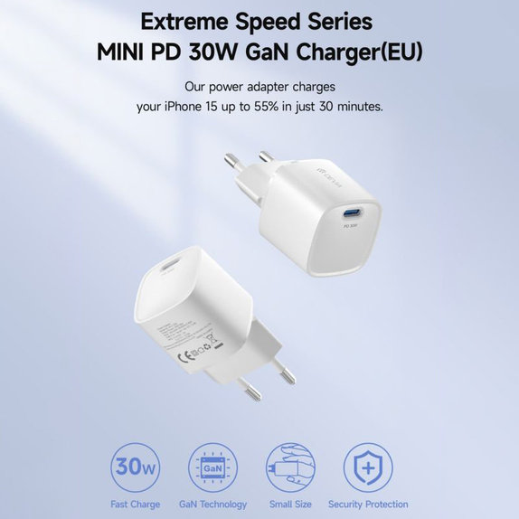 Ładowarka Mini USB-C, PD 30W, biała, Devia