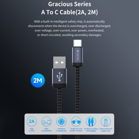Kabel USB / USB-C Gracious, 2.1A, 2m, czarny, Devia