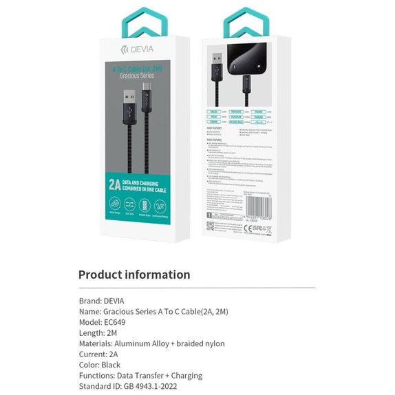 Kabel USB / USB-C Gracious, 2.1A, 2m, czarny, Devia