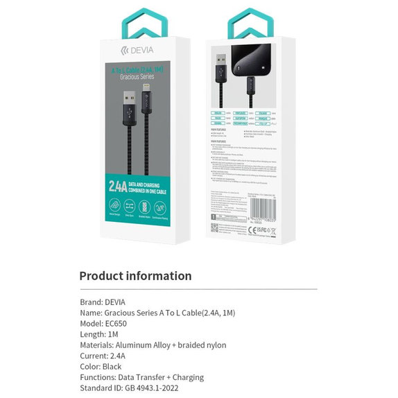 Kabel Lightning / USB Gracious, 2,4A, 1m, czarny, Devia