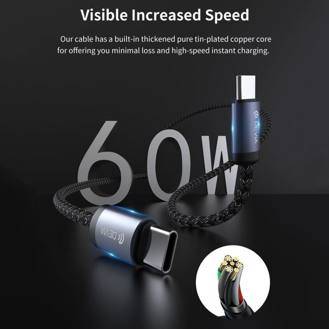 Kabel USB-C / USB-C Gracious, PD 60W, 2m, czarny, Devia