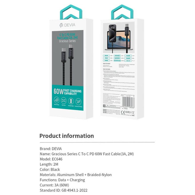 Kabel USB-C / USB-C Gracious, PD 60W, 2m, czarny, Devia
