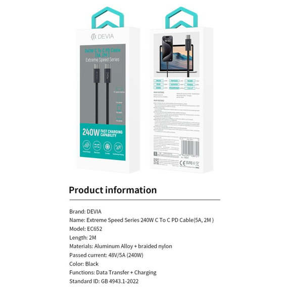 Kabel USB-C / USB-C Extreme Speed, PD 240W, 2m, czarny, Devia