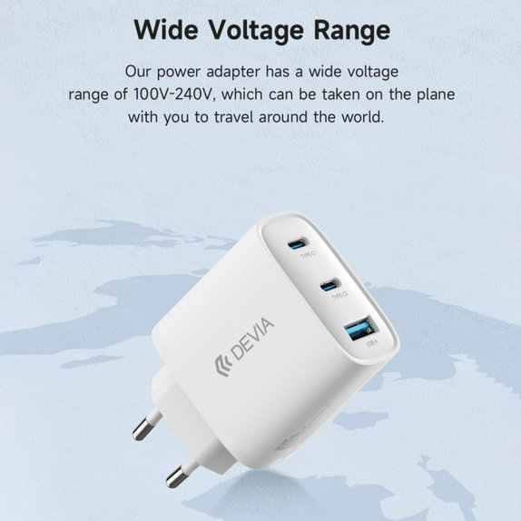 Ładowarka Extreme Speed, 2x USB-C + USB-A, PD 65W, biała, Devia
