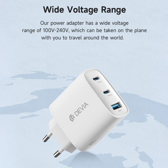 Ładowarka Extreme Speed, 2x USB-C + USB-A, PD 65W, biała, Devia