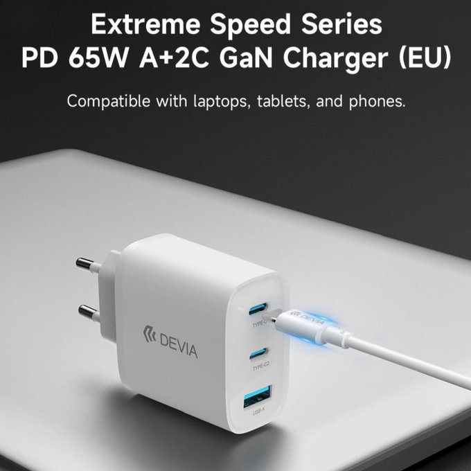 Ładowarka Extreme Speed, 2x USB-C + USB-A, PD 65W, biała, Devia