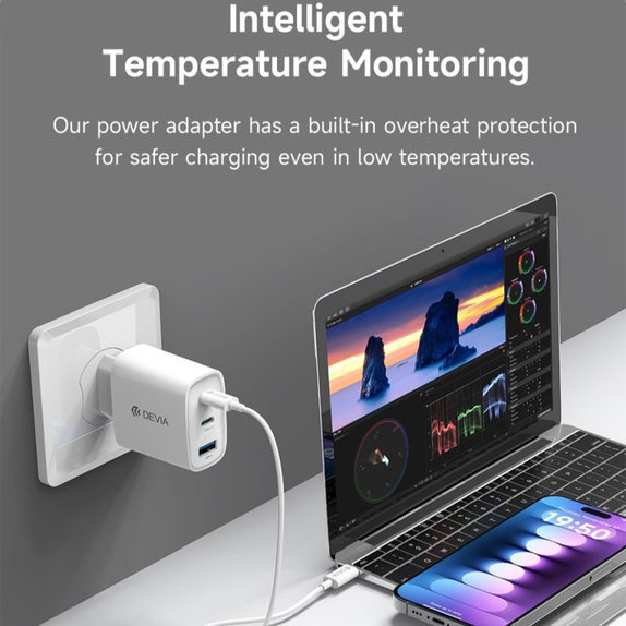 Ładowarka Extreme Speed, 2x USB-C + USB-A, PD 65W, biała, Devia