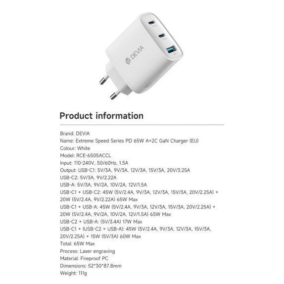 Ładowarka Extreme Speed, 2x USB-C + USB-A, PD 65W, biała, Devia