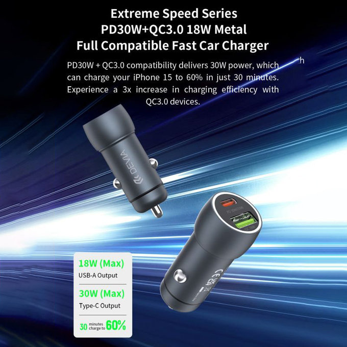 Ładowarka samochodowa Extreme Speed USB-C + USB-A, PD 30W, QC 3.0 18W, szara, Devia