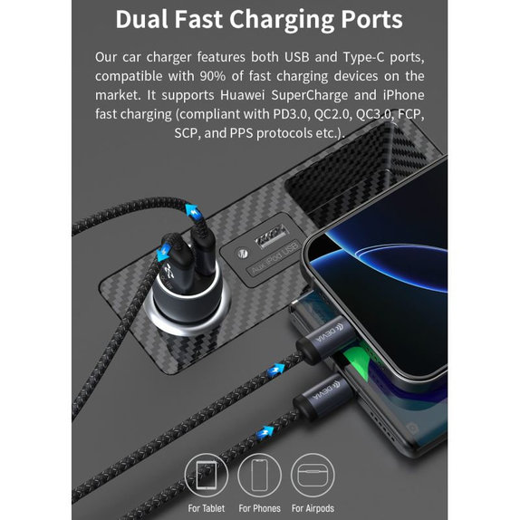 Ładowarka samochodowa Extreme Speed USB-C + USB-A, PD 30W, QC 3.0 18W, szara, Devia