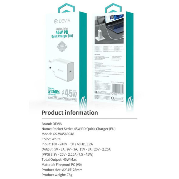 Ładowarka Rocket USB-C, PD 45W, biała, Devia