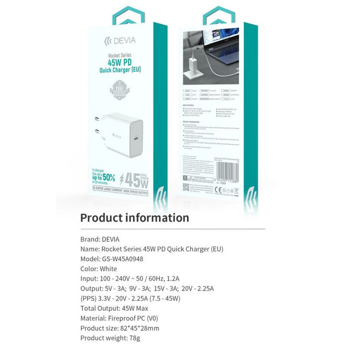 Ładowarka Rocket USB-C, PD 45W, biała, Devia