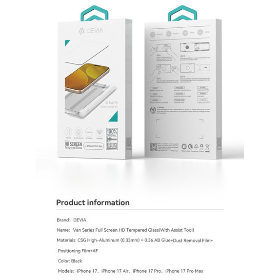 Szkło hartowane FullCover z aplikatorem do iPhone 17 Pro, Devia