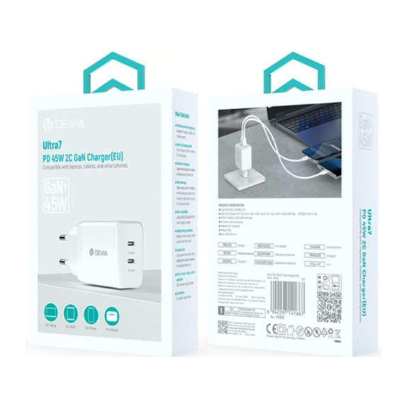 Ładowarka Ultra7, 2x USB-C, PD 45W, biała, Devia