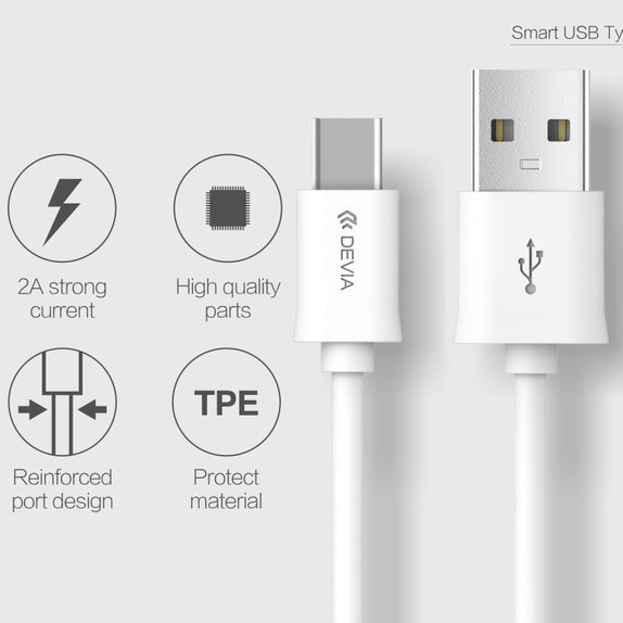 Kabel USB / USB-C Smart, 2.1A, 1m, biały, Devia