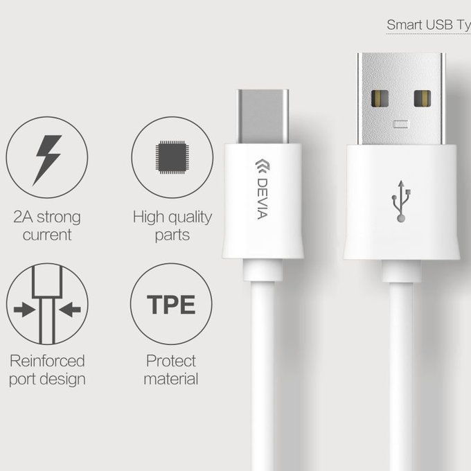 Kabel USB / USB-C Smart, 2.1A, 1m, biały, Devia