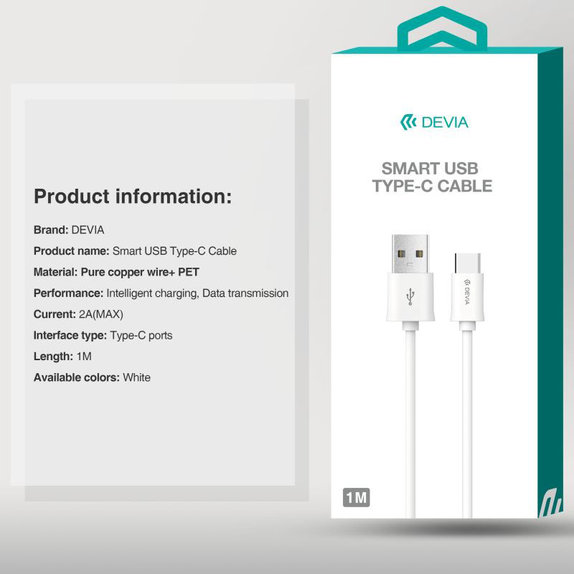 Kabel USB / USB-C Smart, 2.1A, 1m, biały, Devia