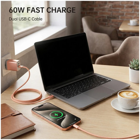 Kabel USB-C / USB-C z szybkim ładowaniem, PD 60W, 1m, Pomarańczowy, Orange