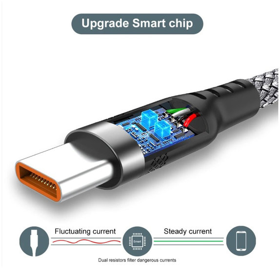 Kabel USB-A / USB-C, 6A, 1m, szary