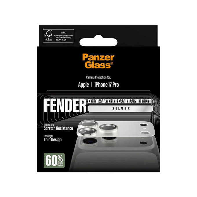 Pierścienie ochronne obiektywu kamery Fender do iPhone 17 Pro, Srebrny, PanzerGlass