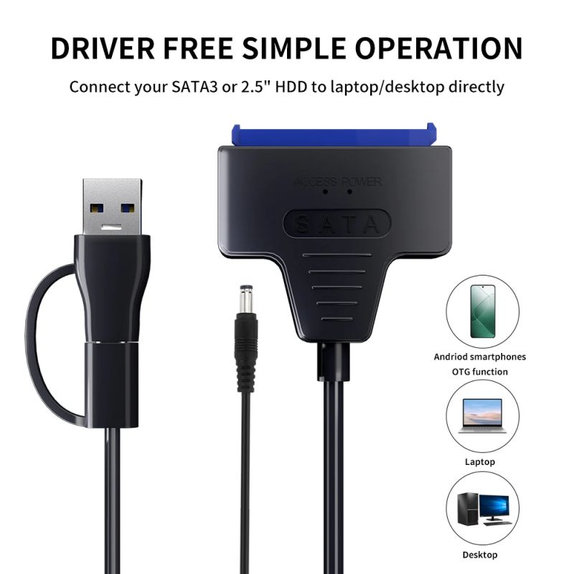 Adapter USB 3.0 / USB-C na SATA do dysków HDD/SSD 2.5" i 3.5", z zasilaczem