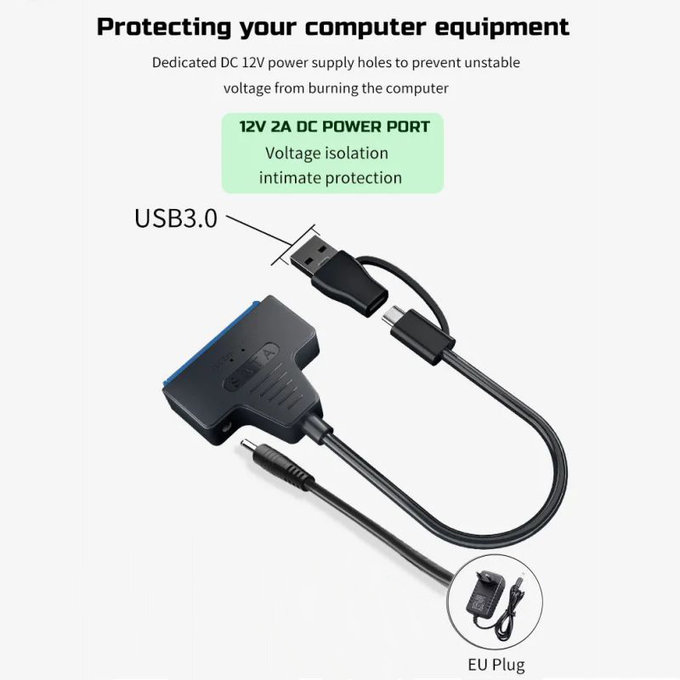 Adapter USB 3.0 / USB-C na SATA do dysków HDD/SSD 2.5" i 3.5", z zasilaczem