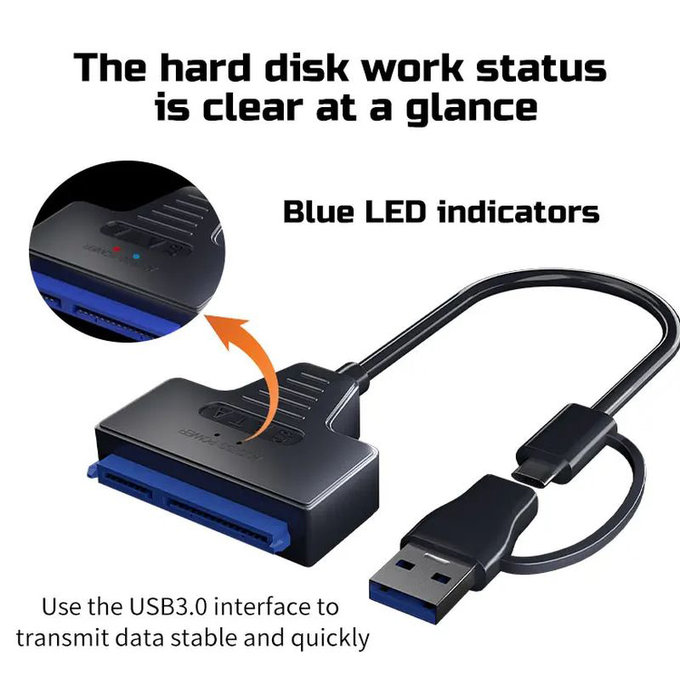 Adapter USB 3.0 / USB-C na SATA do dysków HDD/SSD 2.5" i 3.5", z zasilaczem