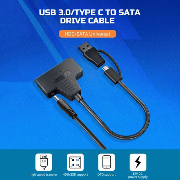 Adapter USB 3.0 / USB-C na SATA do dysków HDD/SSD 2.5" i 3.5", z zasilaczem