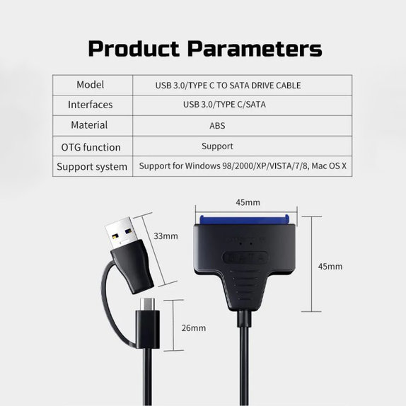 Adapter USB 3.0 / USB-C na SATA do dysków HDD/SSD 2.5" i 3.5", z zasilaczem