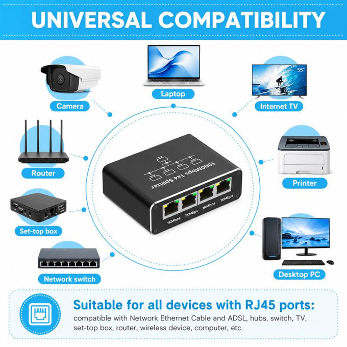 4-portowy przełącznik Gigabit Ethernet RJ45, 1000 Mb/s