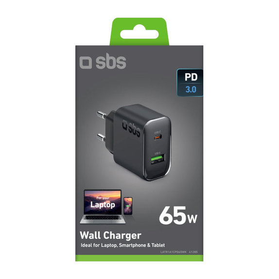 Adapter podróżny USB-A/USB-C, GaN, 65 W PD, czarny, SBS