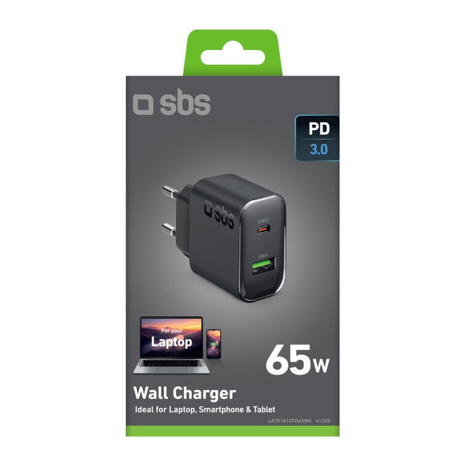 Adapter podróżny USB-A/USB-C, GaN, 65 W PD, czarny, SBS