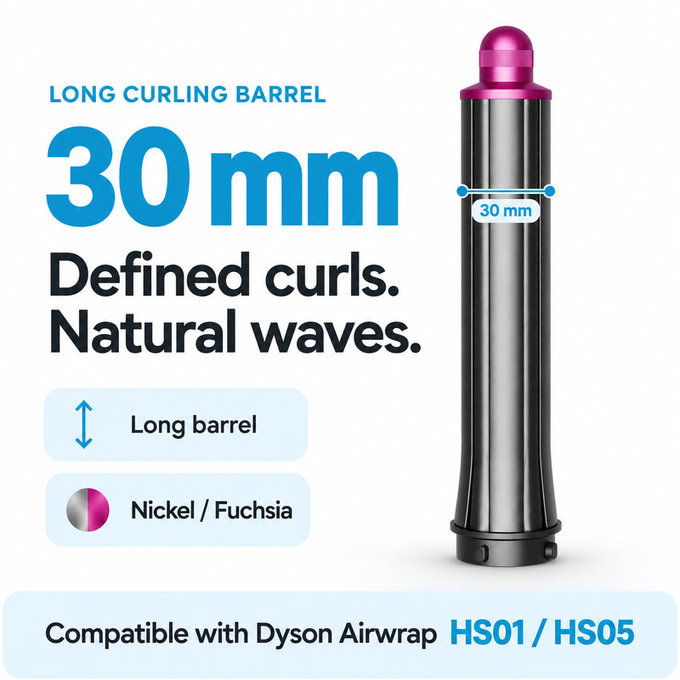 Długa końcówka do loków do Dyson Airwrap HS01, HS05, 30 mm, Nickel / Fuchsia