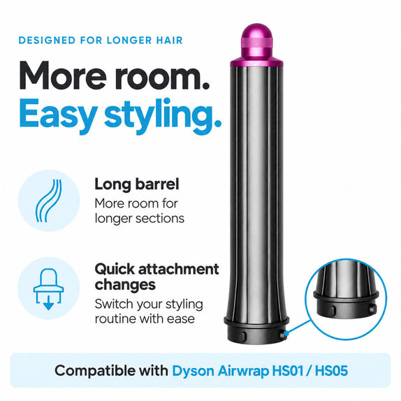 Długa końcówka do loków do Dyson Airwrap HS01, HS05, 30 mm, Nickel / Fuchsia