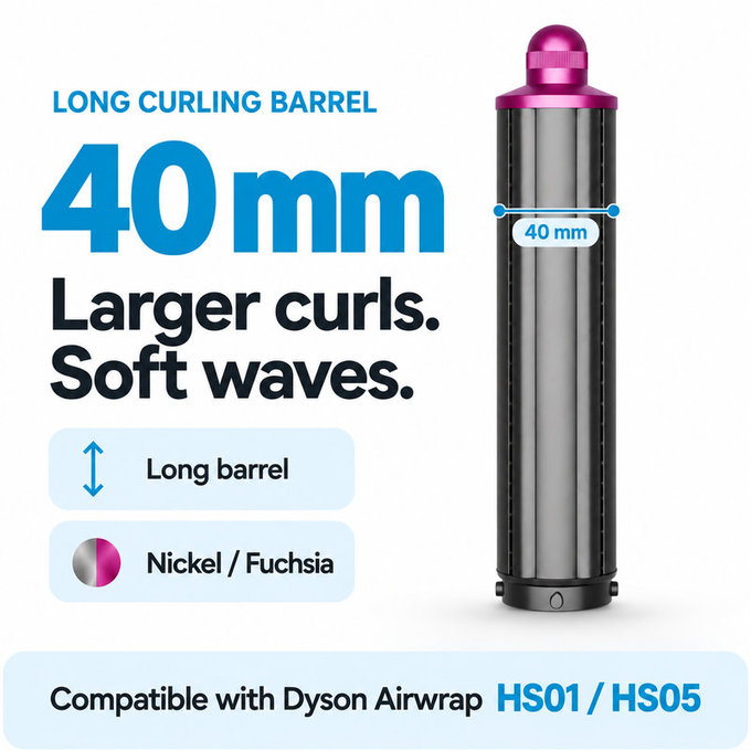 Długa końcówka do loków do Dyson Airwrap HS01, HS05, 40 mm, Nickel / Fuchsia