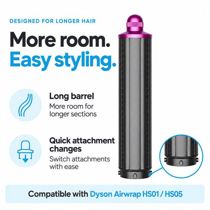 Długa końcówka do loków do Dyson Airwrap HS01, HS05, 40 mm, Nickel / Fuchsia